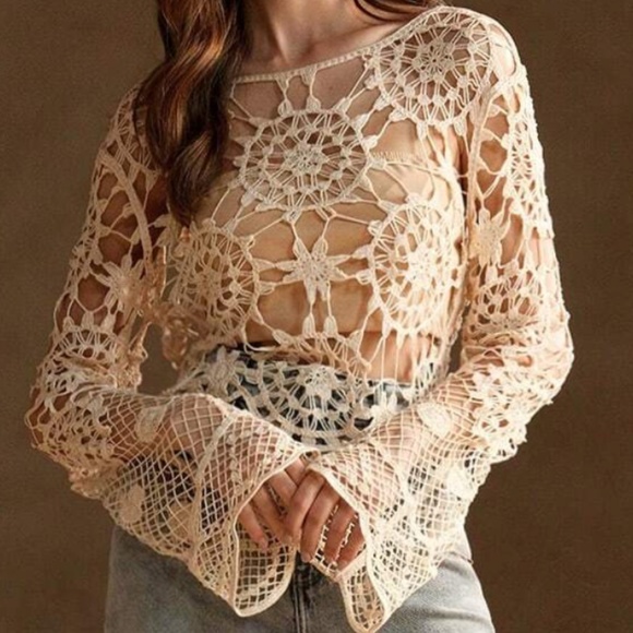 Boho Round Neck Crochet Long Bell Sleeve Blouse - Picture 6 of 10